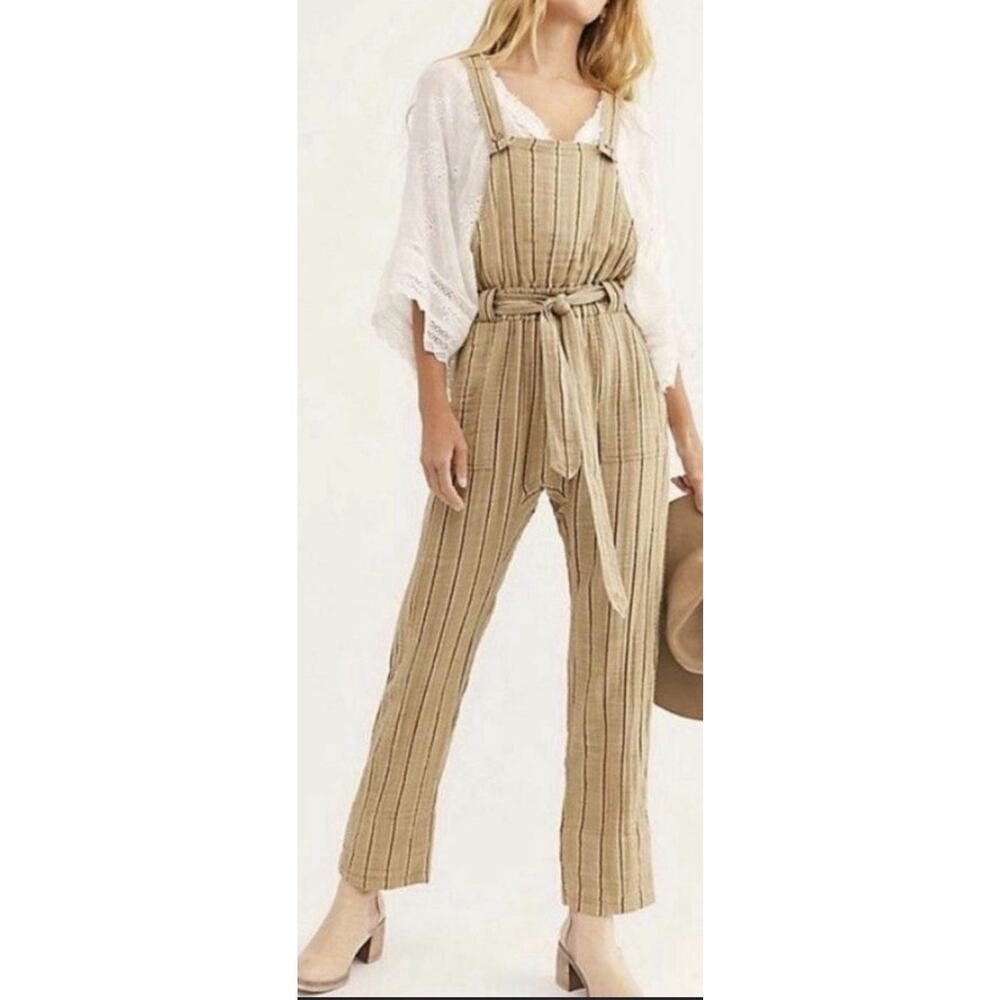 Free People One Ballast Striped Belted Overalls Jumpsuit Size Large